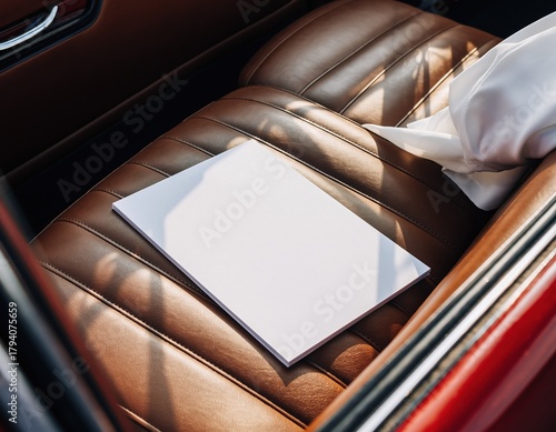 Close-up of a blank white paper on a brown leather car seat.