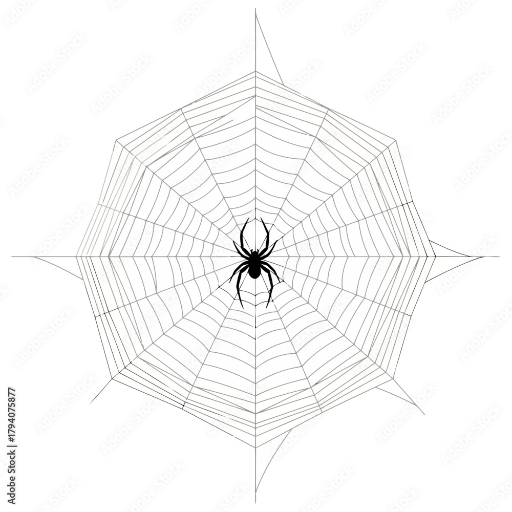 Fototapeta premium A black spider is silhouetted in the center of its intricate, detailed web, isolated on a