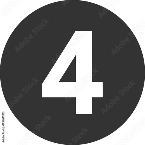 A large white number four is centered on a dark gray circular background