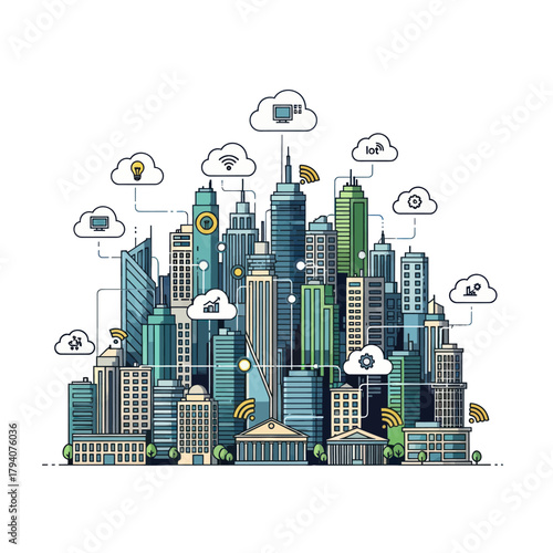 Futuristic smart city illustration with connected buildings, cloud computing, and IoT network icons.
