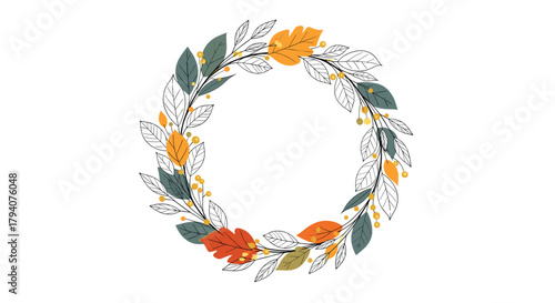 An illustrative autumnal wreath design featuring a mix of colored and outlined leaves with small yellow berries, on a clean white background.