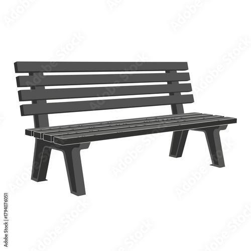 A dark gray park bench with a slatted seat and back, isolated on a