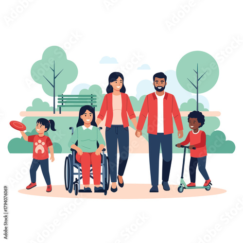 Happy diverse family with a child in a wheelchair walking together in a park.