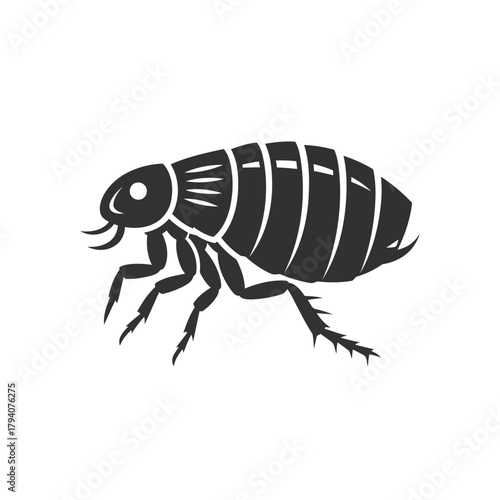Stylized black and white illustration of a flea