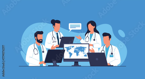 A team of diverse doctors in lab coats collaborates around laptops and a monitor showing a world map, discussing global health initiatives.