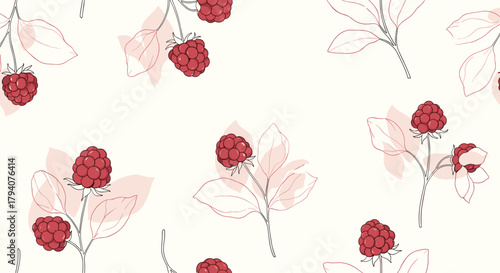 Charming hand-drawn seamless pattern featuring ripe red raspberries and delicate botanical leaves, set against a soft cream background.