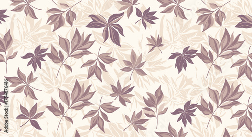 Seamless pattern of stylized leaves in muted purple, brown, and beige, creating an elegant botanical background.