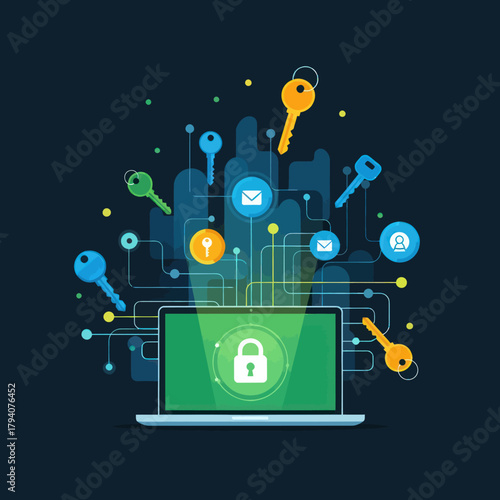Vector illustration of cybersecurity with a locked laptop, digital network, and colorful access keys.