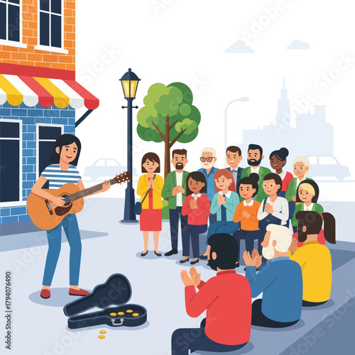 Young woman busking with an acoustic guitar for an appreciative audience on a city street.