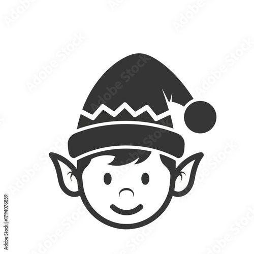Cute cartoon elf face with pointy ears and a festive hat