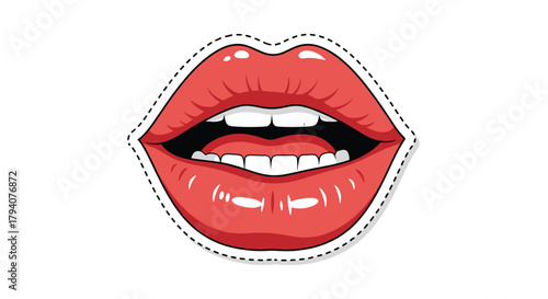 A bold, cartoon-style illustration of sensuous, glossy red lips with an open mouth showing white teeth, featuring a dashed outline like a fashionable sticker.