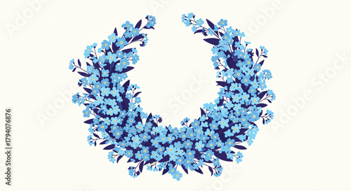 A beautiful circular wreath of delicate blue forget-me-not flowers and dark leaves on a light cream background, symbolizing remembrance.