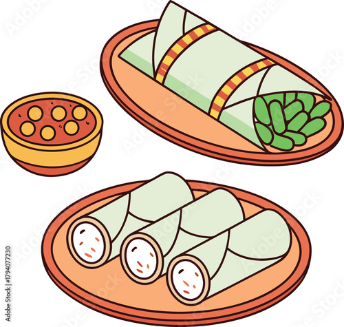 Delicious hand drawn illustration of fresh spring rolls and a small bowl of dipping sauce served on oval plates perfect for food blogs and menus