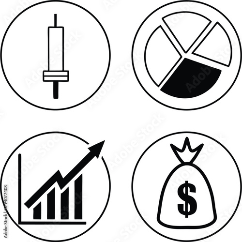 Four simple hand drawn circular icons representing financial concepts including a candlestick chart a pie chart a rising bar graph with an arrow and a money bag with a dollar sign
