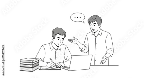 Two businessmen collaborating on a project at a desk with a laptop and stack of books, one explaining and the other taking notes