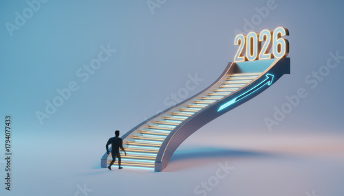 2026 staircase glowing arrow business goal success ambition blue leadership step