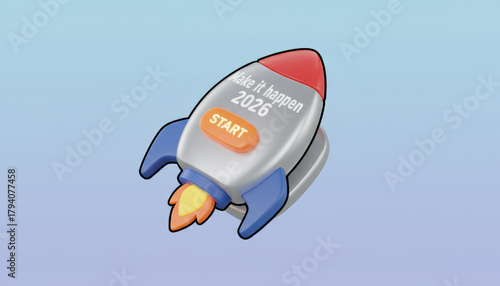 Rocket button start motivation, orange push button, blue fin, red nose, launch optimism