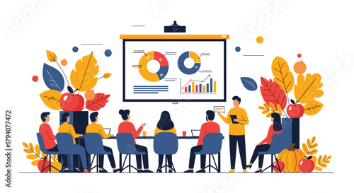 Professionals collaborate and analyze data in a vibrant meeting setting, with a presenter explaining charts on a large screen, adorned with autumnal elements.
