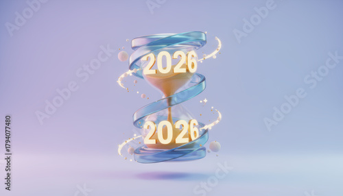 2026 hourglass spiral glass sand glow futuristic pastel light swirl Dynamic 2026 hourglass with