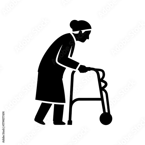 Silhouette of an elderly woman with a walker