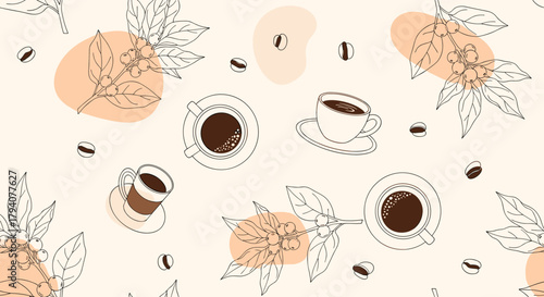 Hand-drawn coffee theme seamless pattern featuring cups, coffee plants with berries, and scattered beans on a light background with abstract shapes.