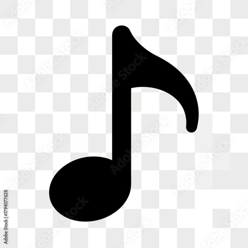 A simple black eighth note symbol, representing music, sound, and melody, isolated on a transparent background