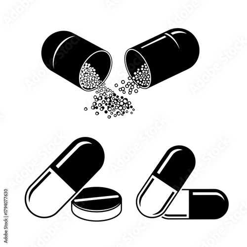 Collection of black and white medical pills and capsules