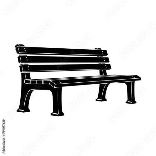 A simple black silhouette of a park bench on a