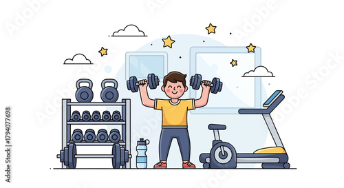 A happy man enthusiastically lifts weights in a bright, modern home gym setup.