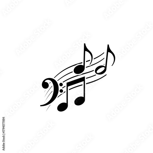 Musical notes and bass clef symbol with flowing lines