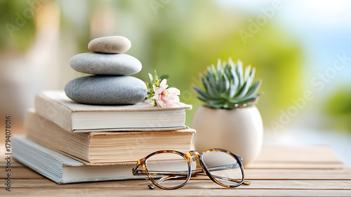 stack of vintage books with reading glasses on top beside a small plant, creating a cozy and intellectual reading atmosphere