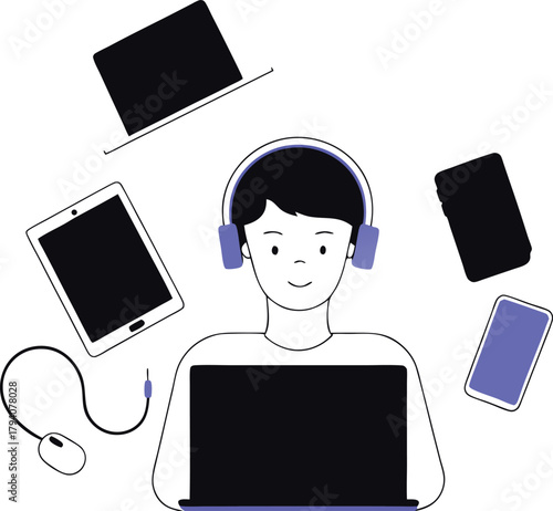 Young person wearing headphones surrounded by multiple electronic devices including a laptop tablet smartphone and earbuds illustrating digital overload or multitasking concept