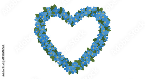 Romantic heart-shaped floral wreath with delicate blue forget-me-not flowers and green leaves, ideal for loving spring designs.