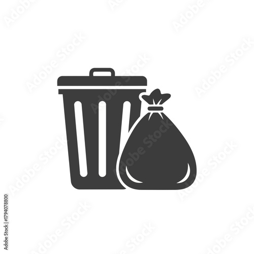 Trash can and garbage bag icon, symbolizing waste disposal and cleanliness
