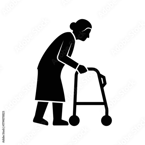 Silhouette of an elderly woman with a walker