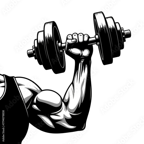 Closeup of a muscular arm lifting a dumbbell