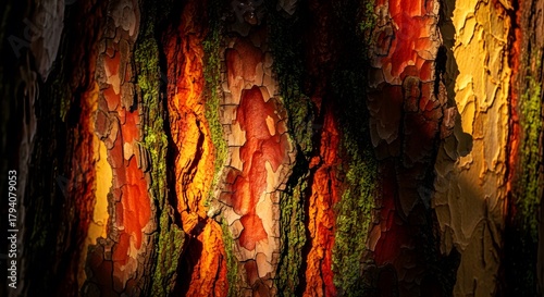 Vibrant Close-up of Textured Tree Bark with Moss and Rich Colors Nature Artwork