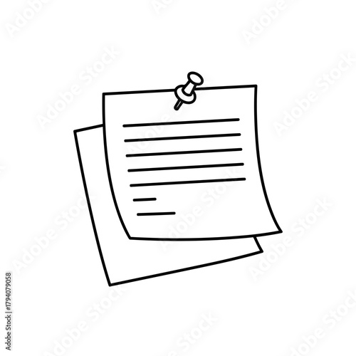 A handdrawn outline of a piece of paper with lines of text, pinned to a surface with a thumbtack