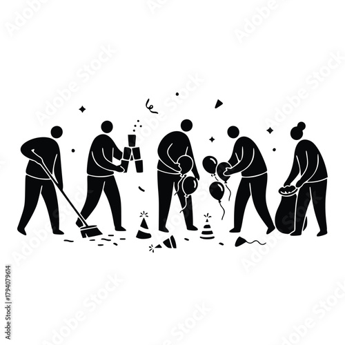 People diligently cleaning up after a festive new year's celebration, tidying up party decorations, confetti, and balloons in a collaborative effort