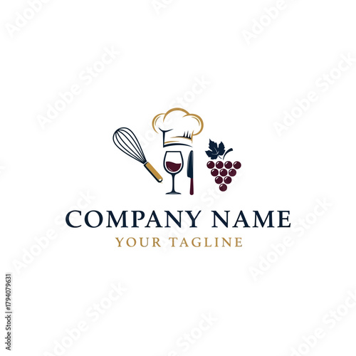 Culinary and winery logo with chef hat, whisk, and grapes.
