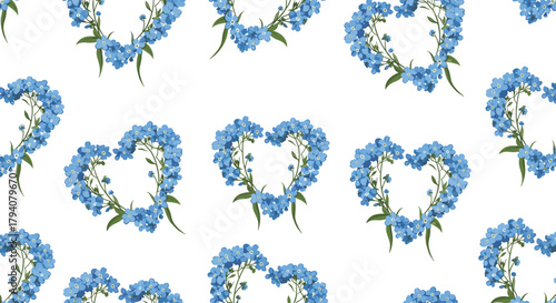 Seamless pattern of delicate blue forget-me-not flowers forming charming heart shapes on a clean white background, evoking love and tenderness.