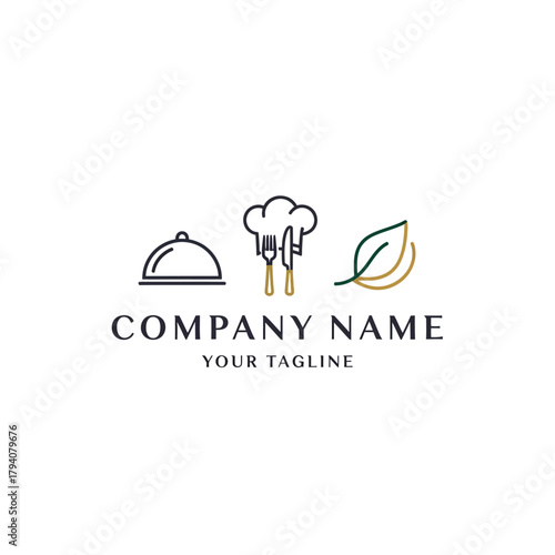 Elegant culinary logo featuring a cloche chef hat and leaf for restaurant branding.