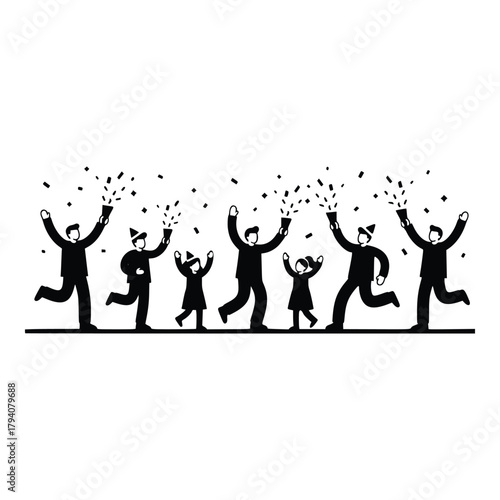 A heartwarming celebration of the New Year, featuring a joyful family and friends tossing festive confetti, capturing the spirit of happiness and new beginnings together