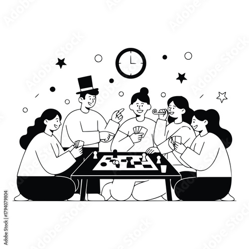 A group of friends enjoying a new year's game night with board games and playing cards, celebrating together