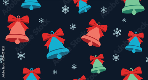Colorful Christmas bells with red bows and scattered white snowflakes create a festive seamless pattern on a dark background, ideal for holiday designs.