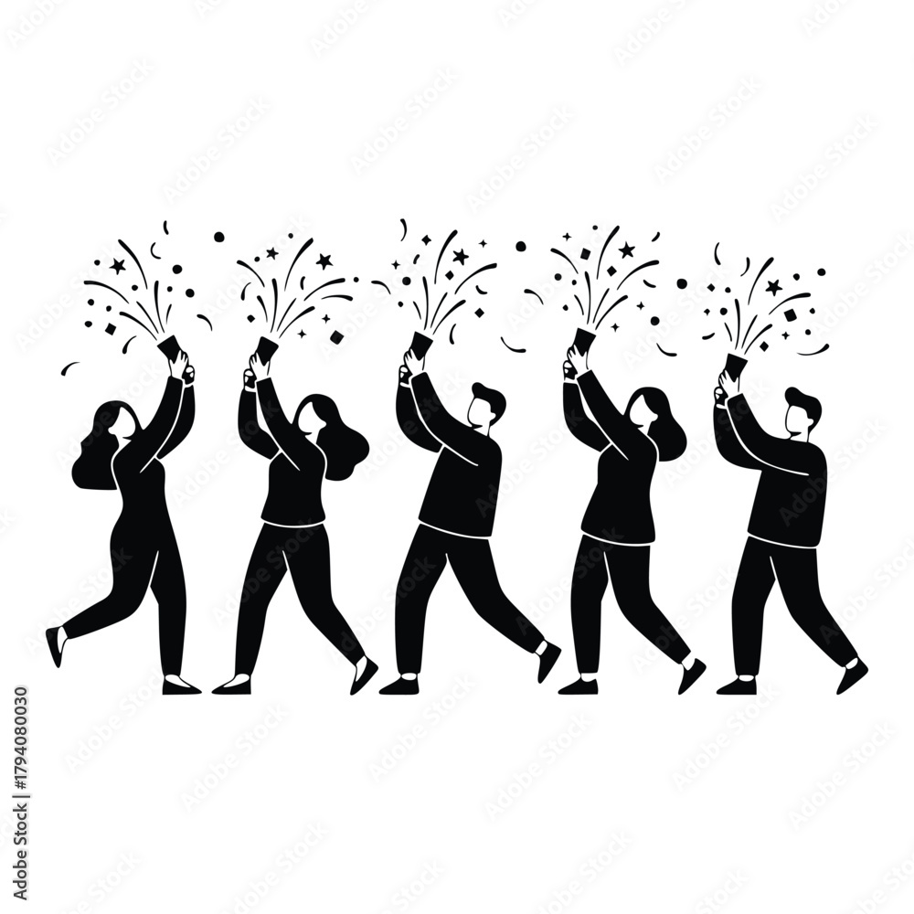 Fototapeta premium Celebrating New Year A Line of Silhouetted People Joyfully Popping Confetti