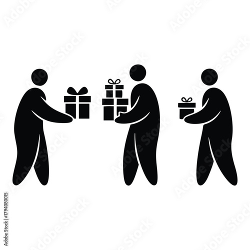 A set of simple black pictograms of people giving and receiving presents, symbolizing generosity for a happy new year celebration