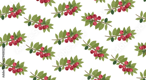 Seamless pattern of red berries with green leaves on branches against a white background, a fresh and natural botanical design.