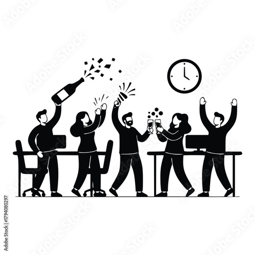 Joyful business team celebrates accomplishments and the new year with a festive office party, toasting to shared success and future prosperity