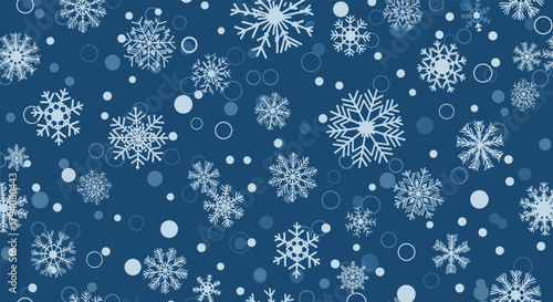 A beautiful seamless winter pattern featuring a variety of ornate white and blue snowflakes and circles on a deep blue background.